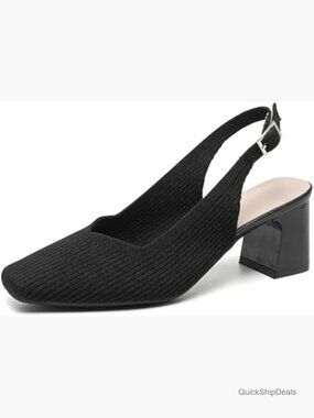Knit Slingback Heels with Adjustable Ankle Strap Chunky Block Heel Pumps